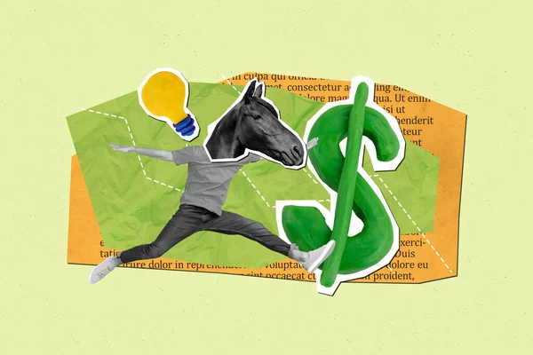 Creatieve Collage Van Zwart Wit Effect Mini Man Paard Hoofd — Stockfoto