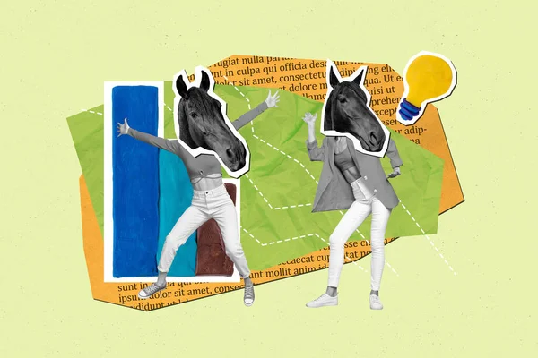 Kolaż Obraz Dwóch Czarnych Białych Kolorach Dziewczyny Głowa Konia Taniec — Zdjęcie stockowe