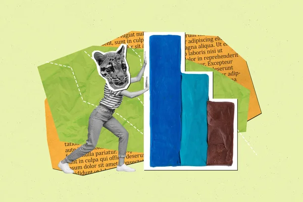 Collage Pop Retro Skiss Bild Dam Tigerhuvud Visar Fungerande Presentation — Stockfoto