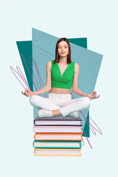 Abstract creative artwork template collage of dreamy sweet lady enjoying yoga book isolated turquoise color background.