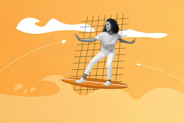 の画像のスケッチ画像のコラージュ幸せな正のファンキーな女の子の水泳サーフボード熱帯リゾート海の波が描かれた背景に隔離 — ストック写真