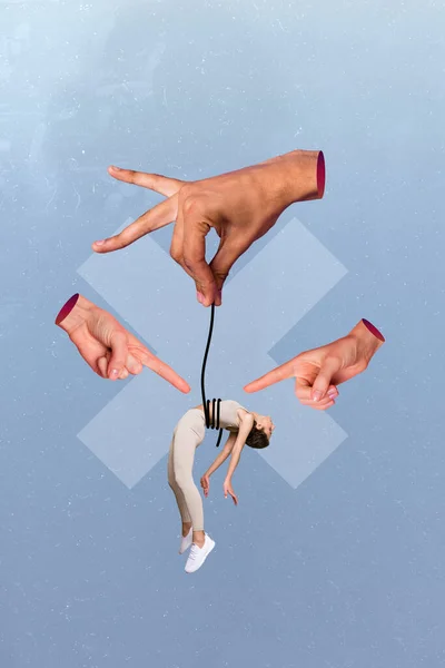 Verticale Collage Afbeelding Van Grote Armen Vinger Punt Hold String — Stockfoto