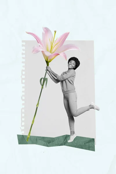 Poster Collage Banner Happy Positive Lady Hold Large Lily Flower — Stock Photo, Image