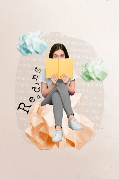 Creative Template Collage Young Lady Sitting Crumpled Paper Study Textbook — Stock Photo, Image
