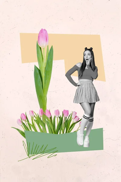 Creative Umělecké Šablony Koláž Šokované Krásné Dámy Těší Velké Tulipány — Stock fotografie