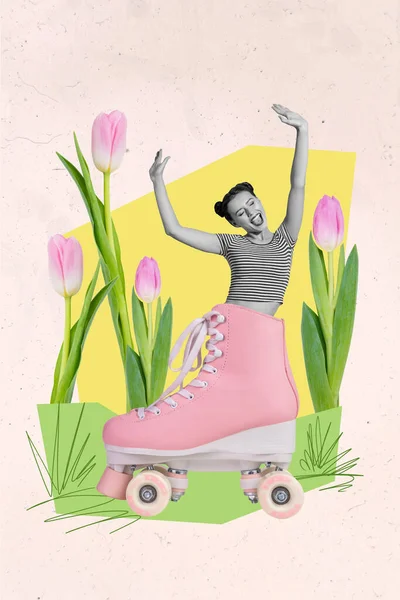 复古滚筒中兴奋的小白种女孩的垂直拼贴图像在绘图背景上与巨大的新鲜郁金香花分离 — 图库照片