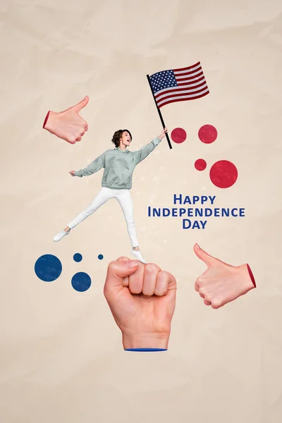 Коллаж Патриотической Забавной Женщины Прыгать Счастливый День Независимости Держать Символ — стоковое фото