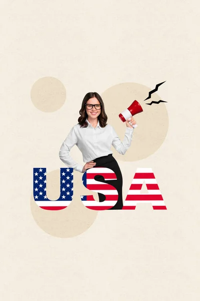 縦コラージュ映像の正のエレガントな女の子ホールドスピーカーToa Usa独立した日孤立した上の創造的な背景 — ストック写真