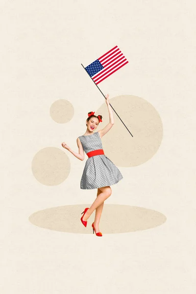 Pionowe Kolaż Obraz Wesoły Wspaniały Dziewczyna Ramię Trzymać Stany Zjednoczone — Zdjęcie stockowe