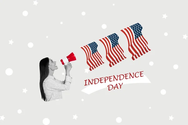 Коллаж Рисунок Черно Белые Цвета Девушка Общаться Громкоговоритель День Независимости — стоковое фото