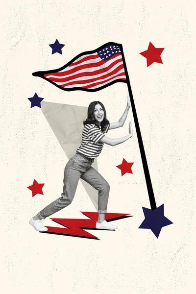 Вертикальное Творческое Фото Коллаж Красивой Привлекательной Молодой Женщины Выдвинуть Флаг — стоковое фото