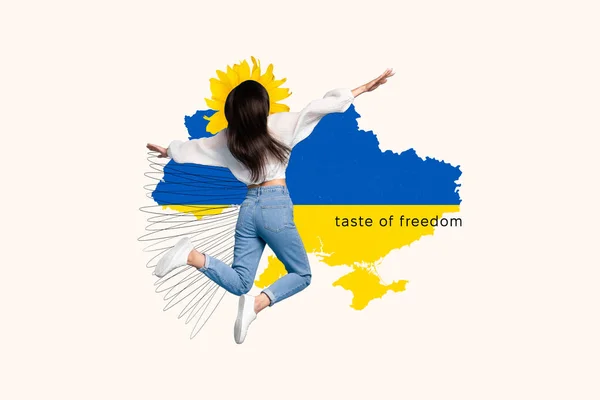 Imagen Collage Creativo Niña Emocionada Despreocupada Saltando Azul Amarillo Ucraniano — Foto de Stock