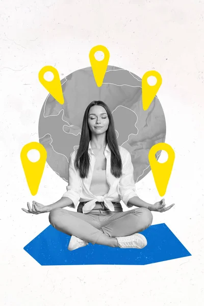 Vertical Collage Black White Effect Girl Sit Lotus Pose Meditate — Stock Photo, Image
