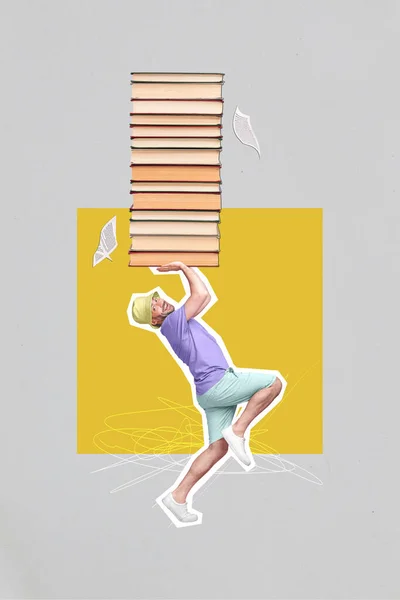 Vertical creative collage image of funny young man hold carry heavy pile books reading novels stories summer vacation enjoy sales travel.