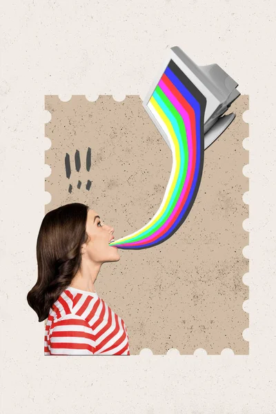 Vertikale Collage Von Aufgeregten Mädchenmund Absorbieren Regenbogen Computer Anzeige Informationen — Stockfoto