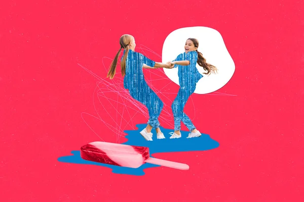 Collage Creatieve Beeld Van Twee Jonge Meisjes Dansen Plezier Handen — Stockfoto