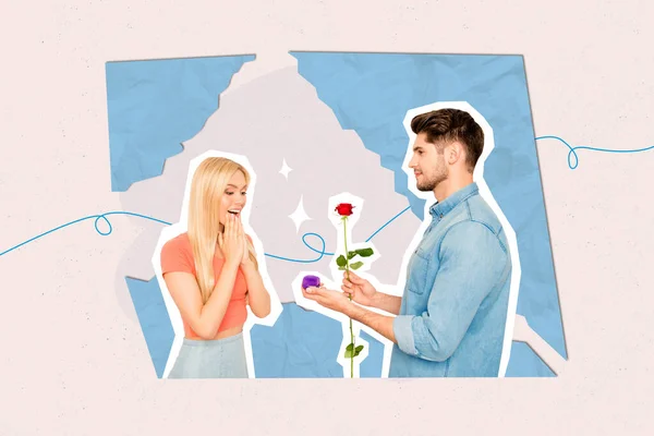 富有创意的3D摄影艺术图形拼贴画快乐微笑的女士小伙子享受订婚孤立的绘画背景 — 图库照片