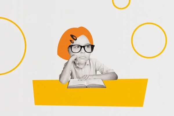 黒い白い効果の子供のアートワークコラージュイメージは 創造的な背景に隔離されたオレンジの髪の読み取り本を描いた — ストック写真