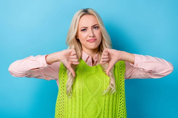 Portrait Unsatisfied Pretty Person Hands Fingers Demonstrate Thumb Reject Symbol — Stock Photo, Image