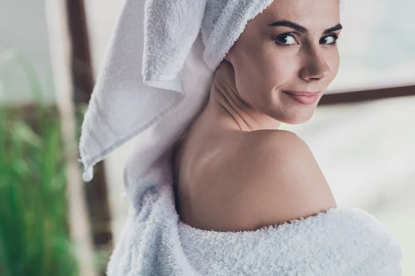 stock image Closeup photo of gorgeous lady doing morning procedures after shower vitality anti age lifestyle teasing look camera indoors.