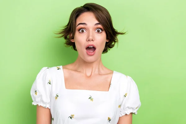 Photo Portrait Stunned Funny Girl Open Mouth Listen Crazy News — Stock Photo, Image