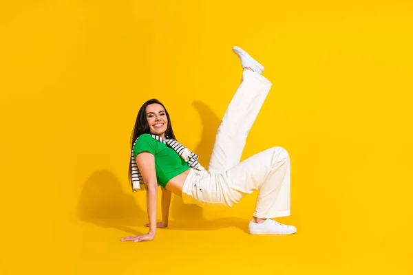 Full Length Photo Adorable Excited Lady Wear White Pants Dancing — Stock Photo, Image