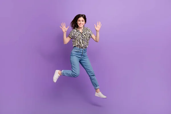 Full Body Photo Overjoyed Cheerful Lady Jumping Raise Arms Good — Stock Photo, Image
