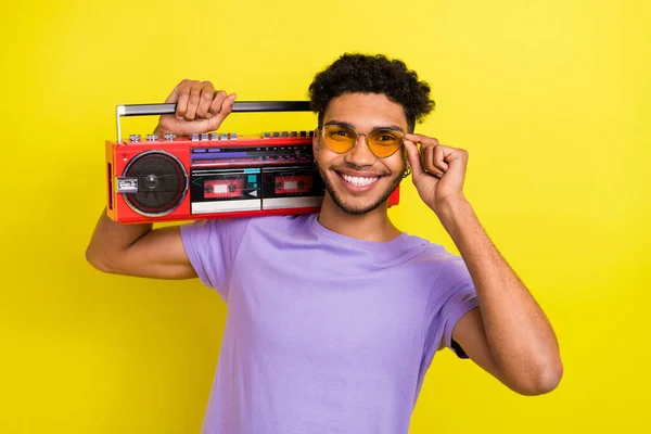 Photo Positive Nice Person Arm Touch Sunglass Hold Boombox Toothy — Stock Photo, Image