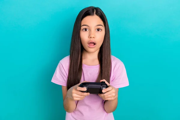 Crazy Emotion Young Funny Girl Hold Joystick Surprised Playing Free — Stock Photo, Image
