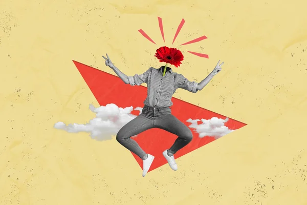 Collage Portret Van Zorgeloze Zwart Wit Effect Meisje Springen Vliegende — Stockfoto
