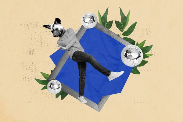 Композитный Коллаж Черно Белого Эффекта Мини Парень Гиена Голова Танцует — стоковое фото