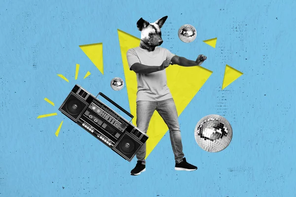 Creative Collage Photo Young Man Dancing Catch Headless Hyena Rhythm — Stock Photo, Image