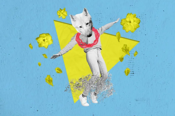 Composite Collage Bild Von Schwarz Weiß Effekt Unbeschwerte Mädchen Hundekopf — Stockfoto