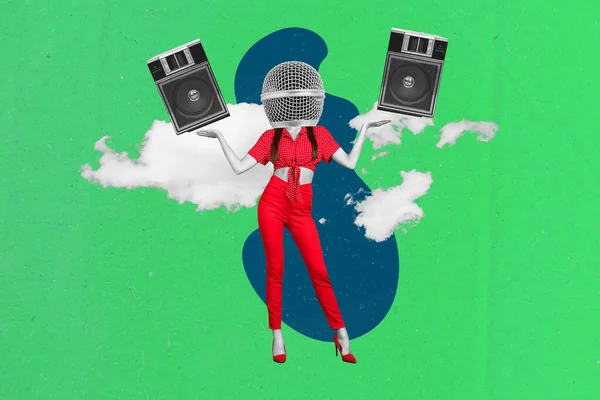 Kolaj Afişi Baş Mikrofon Reklamının Yüksek Sesli Şarkıcının Müzik Sütunlarını — Stok fotoğraf