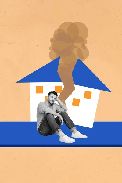 Creativo Retro Collage Imagen Estresado Deprimido Chico Haber Destruido Casa —  Fotos de Stock