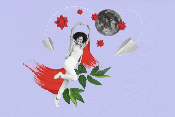 Collage Illustratie Van Jonge Slordige Dame Springen Liefde Naar Maan — Stockfoto