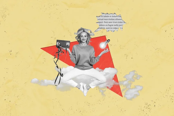 黒い白い色のコラージュ女の子飛行雲スカイ瞑想腕ホールドビデオカセット電球本テキストマインドバブル絶縁上ベージュ背景 — ストック写真