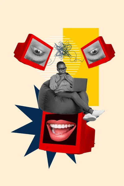 Creatieve Poster Collage Van Trieste Ongelukkige Unset Vrouwelijke Zittende Zitzak — Stockfoto