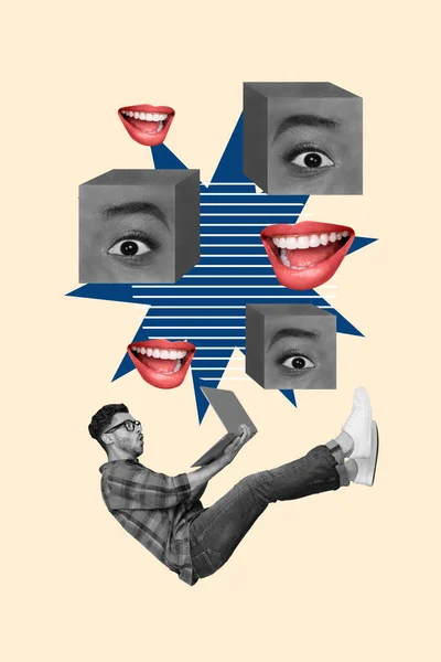 Vertikale Kreative Collage Bild Des Verängstigten Ängstlichen Mannes Nach Unten — Stockfoto