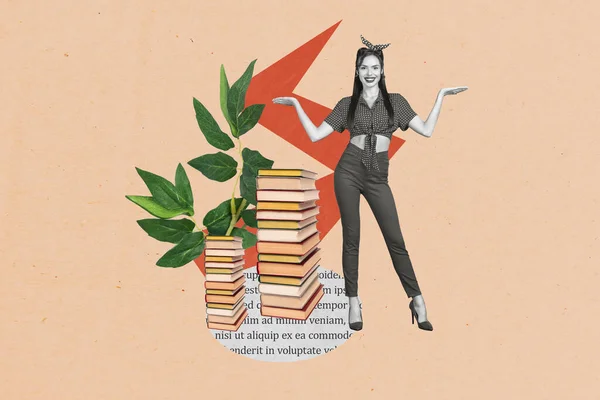 Collage image of positive smart black white effect girl big pile stack book plant leaves isolated on painted beige background.