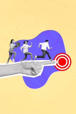 Creative magazine collage image of purposeful workers running achieving aim first isolated beige color background. clipart