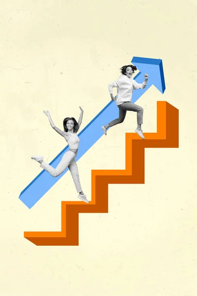 Foto Cartoon Collage Foto Van Zorgeloze Succesvolle Dames Running Werkladder — Stockfoto