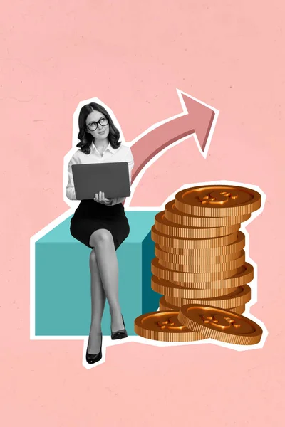 コラージュ3D画像のスマート思考女性作業アップルサムスンデバイス収益お金隔離された絵画の背景 — ストック写真