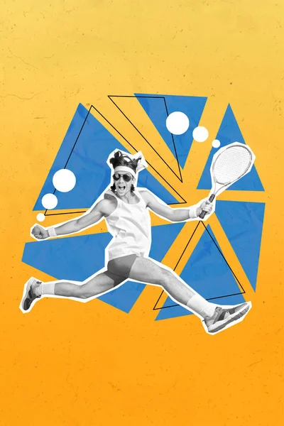 Creativo Grafica Modello Collage Divertente Funky Ragazzo Esecuzione Giocare Tennis — Foto Stock