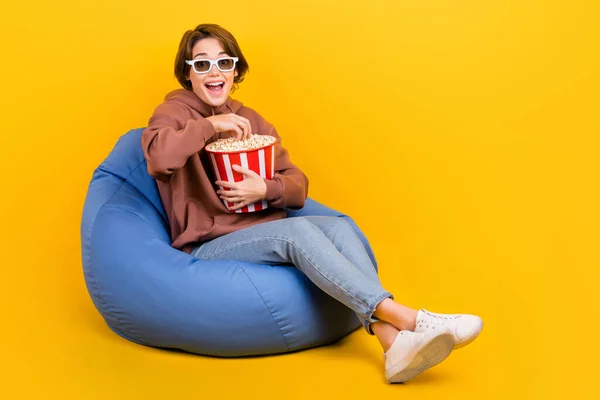 Full Size Portrait Amazed Positive Girl Sit Cozy Bag Eat — Stock Photo, Image