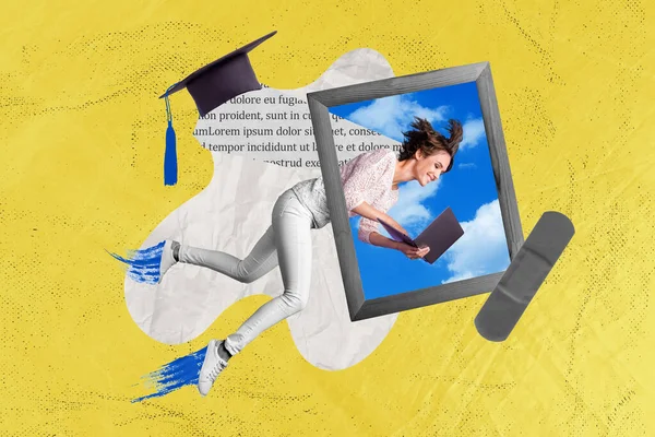 Collage Annons Konstverk Ung Rolig Kvinna Hålla Netbook Fotozon Examen — Stockfoto