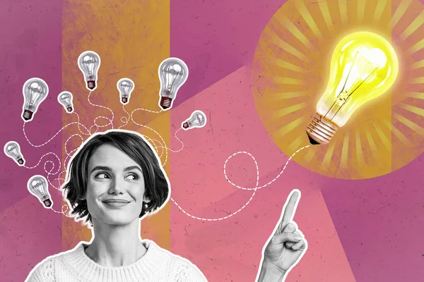面白いスマート若い女性学生ビジネス女性起業家の指ポイント電球のアイデアの複合コラージュ画像 — ストック写真