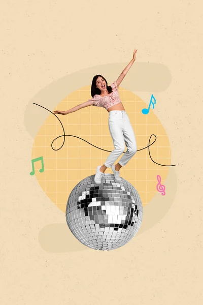 图片3D欢乐可爱的女士站在大迪斯科舞厅跳舞的拼贴海报 听着90年代80年代的音乐 背景是米黄色的 — 图库照片