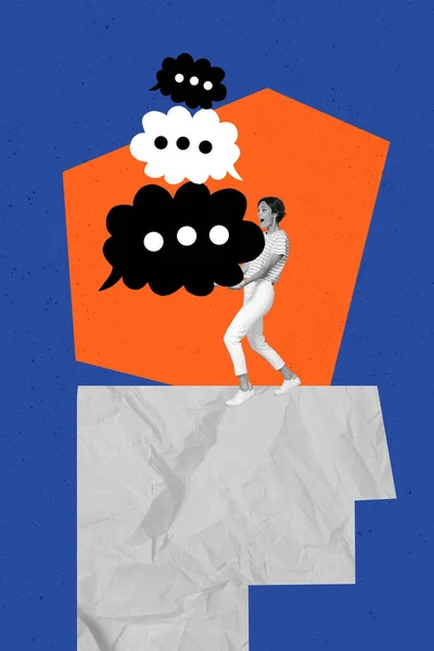 Verticale Collage Reclame Berichten Jonge Vrouw Houden Bel Wolken Spraak — Stockfoto