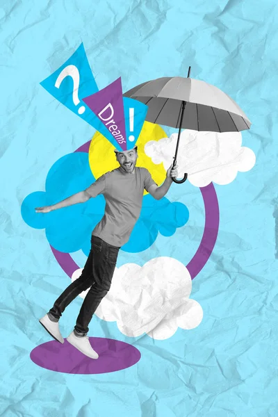 Вертикальное Изображение Плакат Коллаж Положительный Веселый Парень Держать Зонтик Муха — стоковое фото